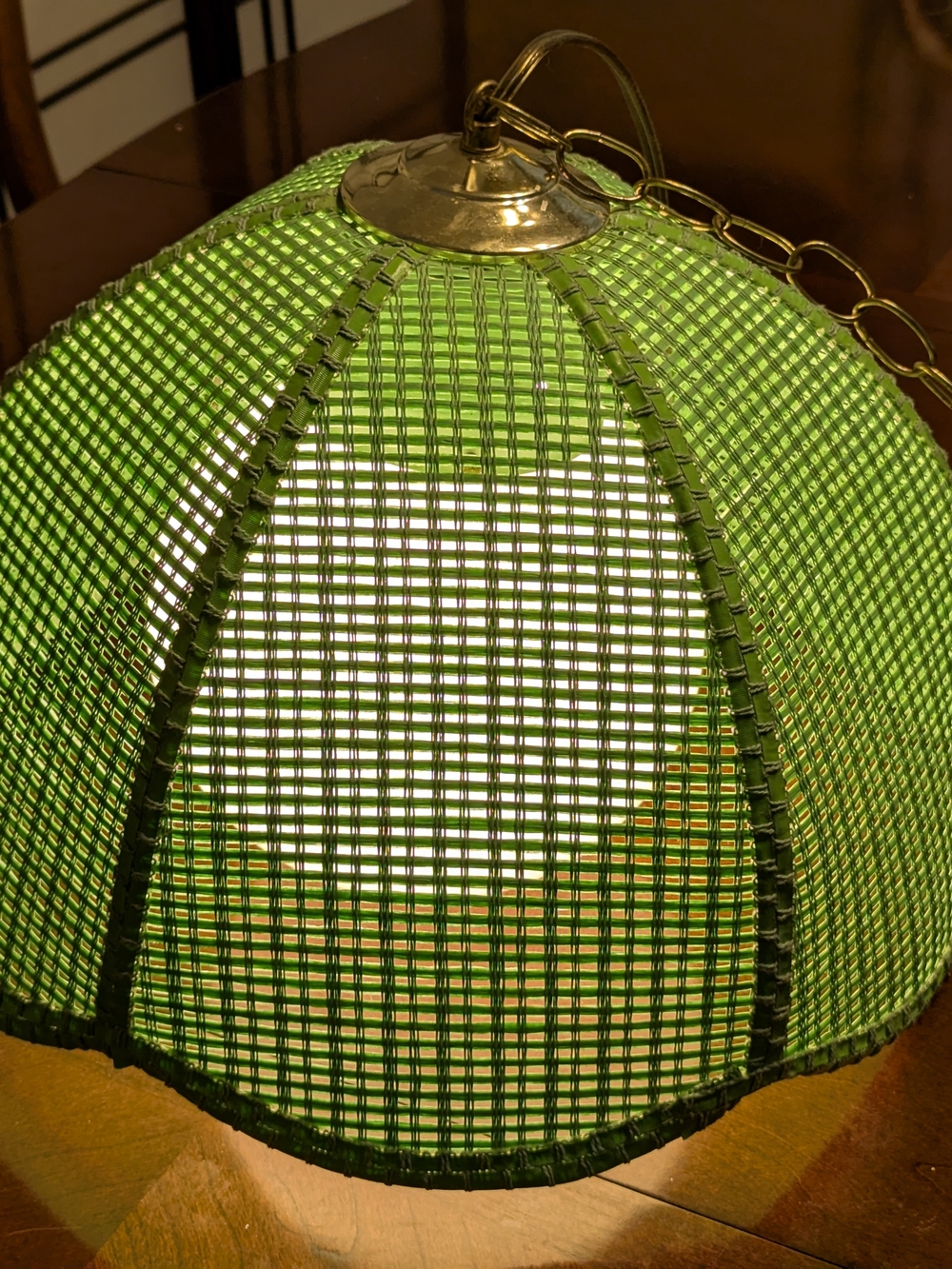 1960s MCM LIME Green Rattan Wicker Woven Pendant Hanging Swag Lamp Shade